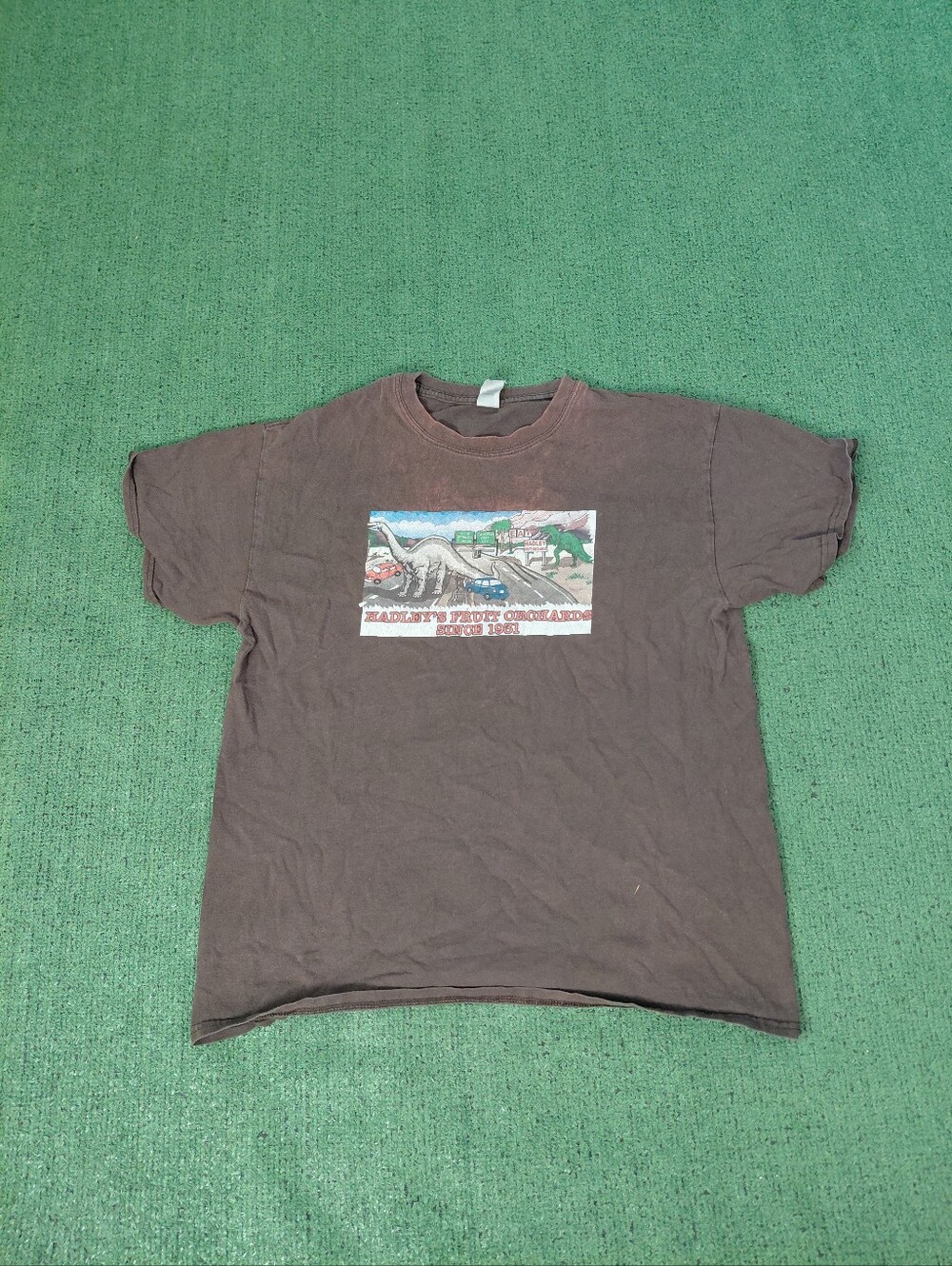 Hadley Fruit Orchards Dinosaur's Illustration Art Logo Promo Brown T Shirt Sz La